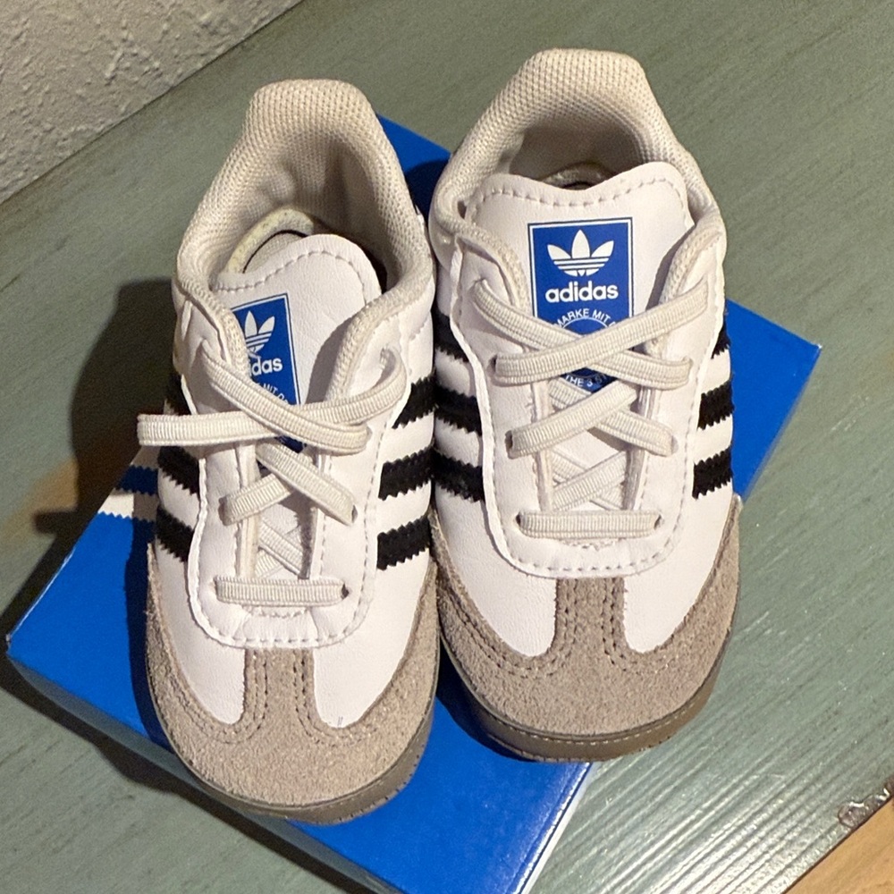 Adidas Kids White and Black sambas with Tan Accents